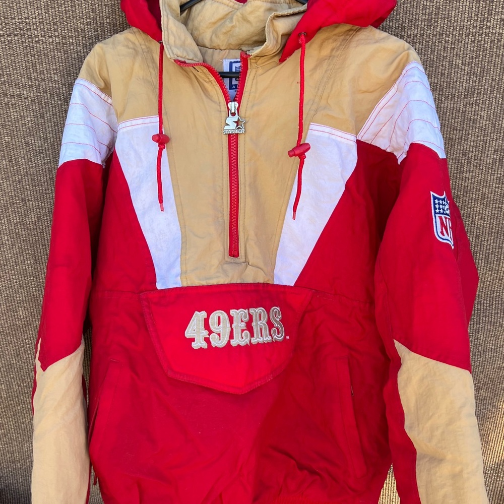 Vintage San Francisco 49ers 90s STARTER puffer jacket 1/2 zip Sz M red gold NFL
